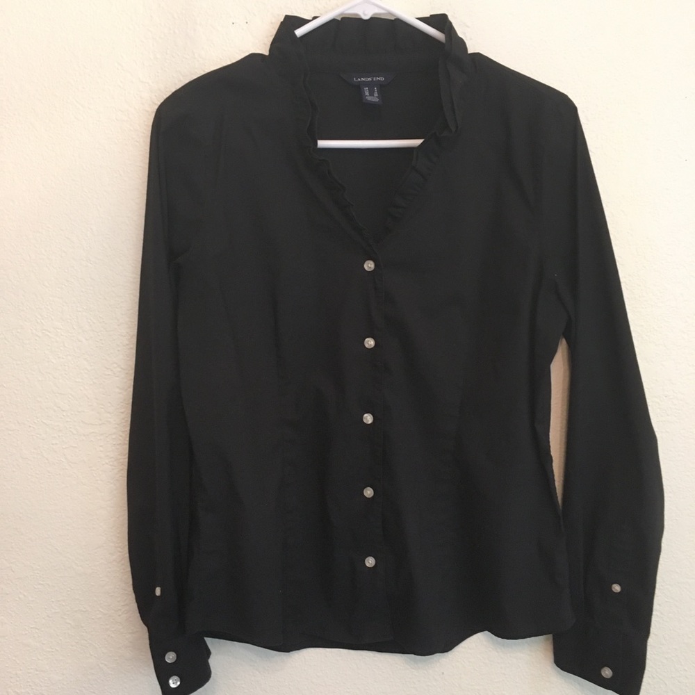 Black v-neck ruffle button down blouse